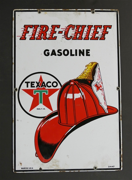 Texaco Fire Chief Gasoline Porcelain Enamel Sign - Dated 3-4-47 - Sign is 18" by 12" - Some Minor Nicks Around Outer Edge of Sign - See Photos