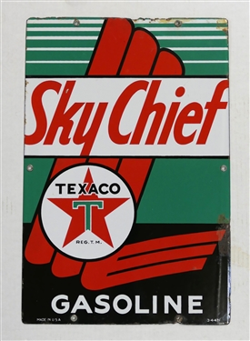 Texaco Sky Chief Gasoline Sign - Dated 3-4-47 - Porcelain Enamel Sign -Small Areas of Finish Loss Around Edges and  in Lower Quadrant on Edge - See Photos - Sign is 18" by 12"