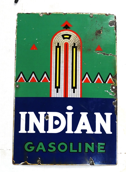 Indian Gasoline Porcelain Enamel Sign - Some Finish Loss Around Edges and Between I and D  - Sign is 18" by 12"