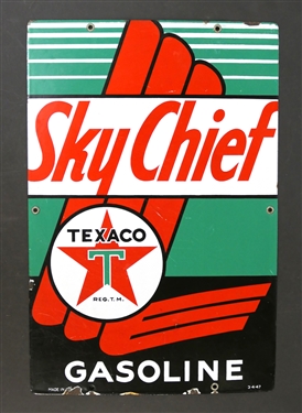 Texaco Sky Chief Gasoline Sign - Dated 3-4047 - Porcelain Enamel Sign -Small Areas of Finish Loss Around Edges - See Photos - Sign is 18" by 12"