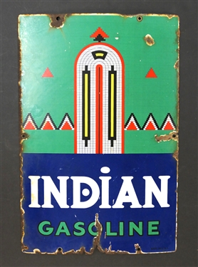 Indian Gasoline Porcelain Enamel Sign - Some Finish Loss Around Edges and at Bottom Center - Sign is 18" by 12"