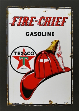 Texaco Fire Chief Gasoline Porcelain Enamel Sign - Dated 3-4-47 - Sign is 18" by 12" - Some Minor Nicks Around Outer Edge of Sign - See Photos