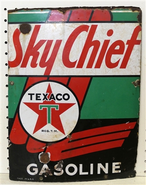 Texaco "Sky Chief" Gasoline Porcelain Enamel Sign - Dated 3-41 - Made in USA - Small Areas of Enamel Loss Near S and Gasoline - Top Edge is Rolled Over - Sign Measures 15 3/4" by 12" 