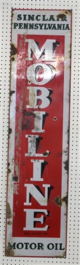 Sinclair Pennsylvania MOBILINE Motor Oil Porcelain Enamel Sign - Some Enamel Loss and Some Paint or Rubber Residue Along Left Side - Sign Measures 60" by 15"