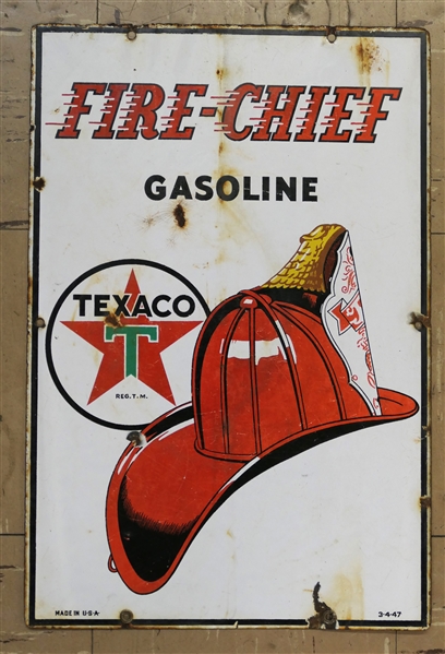 Texaco "Fire Chief" Gasoline Sign - Porcelain Enamel - Made in USA - Dated 3-4-47 - Some Slight Fading- See Photos - Sign Measures 18" by 12"