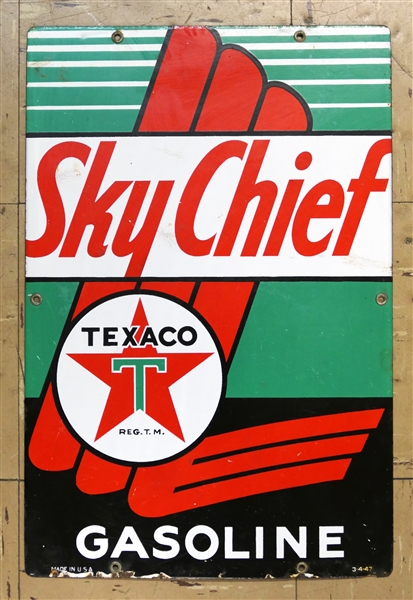 Texaco "Sky Chief" Gasoline Porcelain Enamel Sign - Dated 3-4-47 - Very Minor Enamel Loss Along Bottom Edge - Sign Measures 18" by 12" 