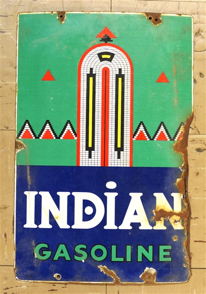 Indian Gasoline Porcelain Enamel Sign - Some Enamel Loss to Right Side - Sign Measures 18" by 12" 