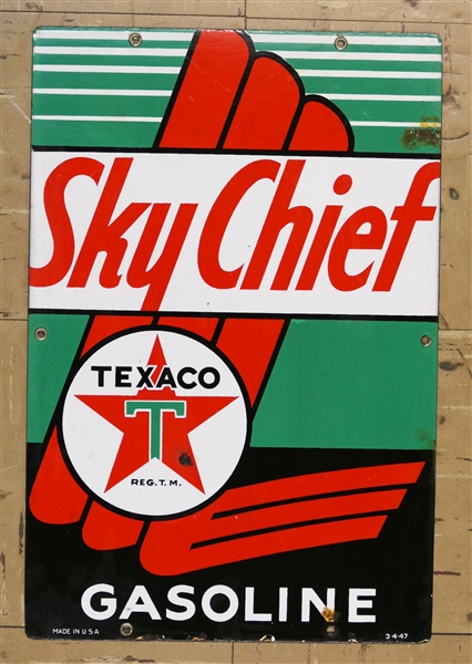 Texaco "Sky Chief" Gasoline Porcelain Enamel Sign -Made in USA - Dated -3-4-47- Very Minimal Enamel Loss to Right - Tiny Area in Star and Minor Loss Along Bottom Edge - Sign Measures 18" by 12" 