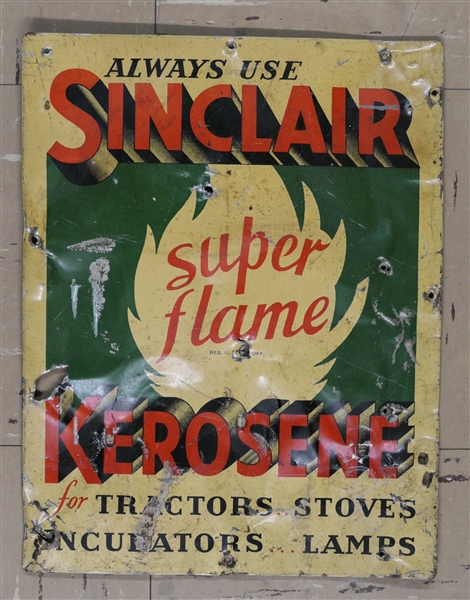 Sinclair "Super Flame" Kerosene Tin Sign - Dented and Some Holes - See Photos - Sign Measures 13"  by 10 1/2" 