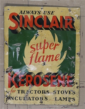 Sinclair "Super Flame" Kerosene Tin Sign - Dented and Some Holes - See Photos - Sign Measures 13"  by 10 1/2" 