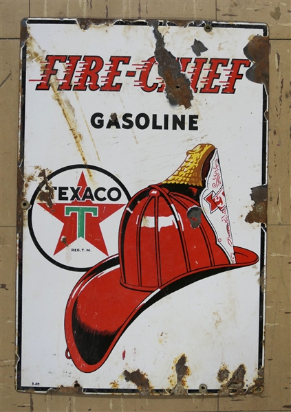 Texaco "Fire Chief" Gasoline Sign - Porcelain Enamel - Dated 3-40 - Some Enamel Loss Overall - See Photos - Sign Measures 18" by 12"