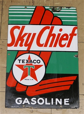 Texaco "Sky Chief" Gasoline Porcelain Enamel Sign - Some Finish Loss Near Top - Otherwise Good Overall Condition -Made in USA - Dated 3-4-47 - Sign Measures 18" by 12"