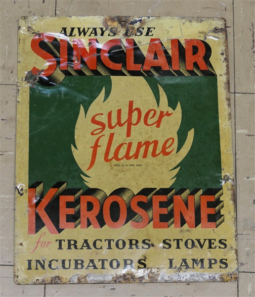 Sinclair "Super Flame" Kerosene Tin Sign - Some Finish Loss - See Photos - Sign Measures 13" by 10 1/2" 