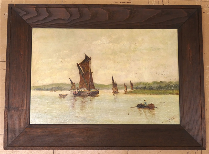 G.R. Turnbull Original Oil on Board Painting of Harbor Scene - Signed and Dated March 30, 1906 in Lower Right Corner - Framed - Frame Measures 17 3/4" by 24" 