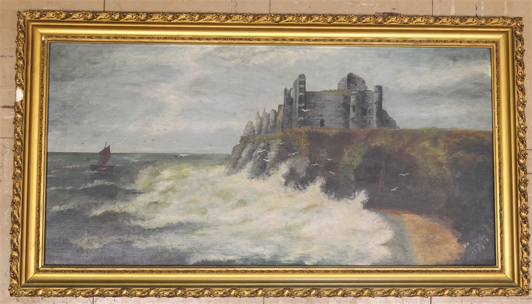 G. R. Turnbull Original Oil on Canvas Painting of Castle on Hill - Signed and Dated 1907 in Lower Right Corner - Framed in Gold Gilt Frame - Frame Measures 15" by 26 1/2" - 1 Small Area of Gold...