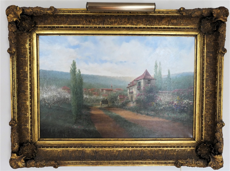 Beautiful Donny Finley Painting of Horse and Carriage with Stone Houses and Beautiful Flowers in Outstanding Large Gold Gilt Frame - Artist Signed in Lower Left Corner - Donny Finley Alabama Artist...