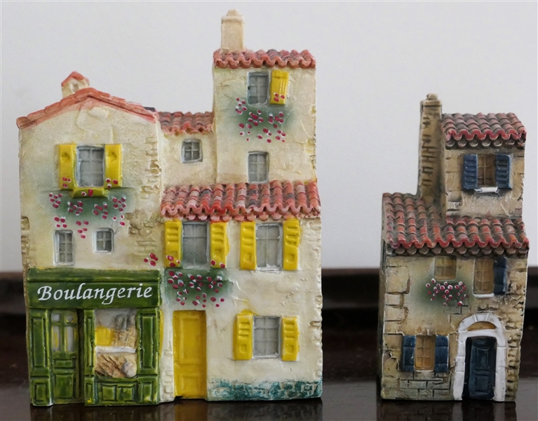 2 - J. Carlton by Dominique Gault Hand Painted Resin Houses - "Boulangerie" Number 210257 and Stone Building Number 210266 - Largest Measures 3 5/8" Tall 2 3/4" Across