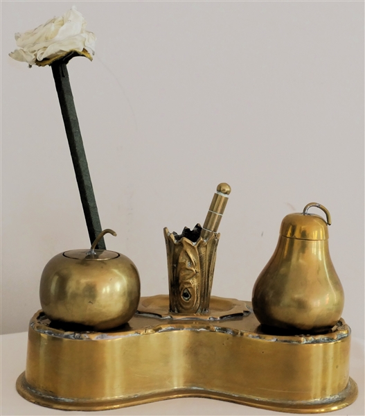 Ruby Ansley Interiors Brass Desk Piece with Brass Fruit Jars, Brass Bar, and Rose Pen - Brass Inkwell Piece Measures 6 3/4" Long 