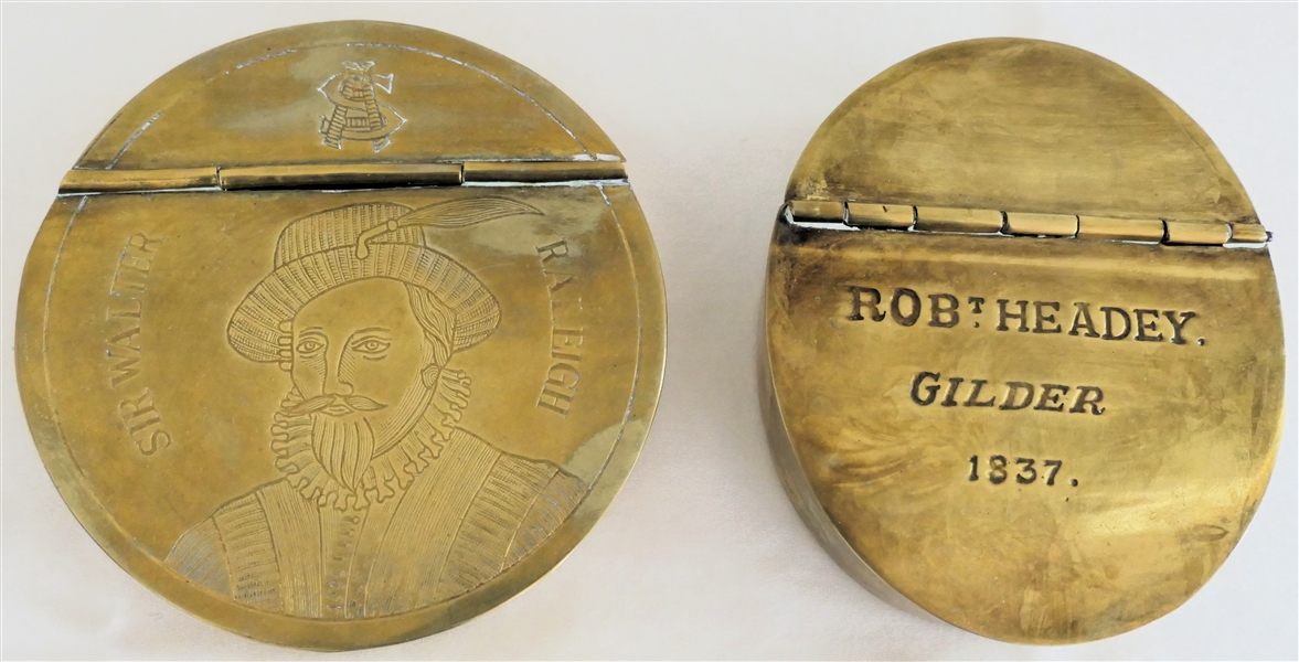 2 Reproduction Brass Snuff Tins - "Historic Charleston Reproductions" Sir Walter Raleigh and "Robt Headey Gilder - 1837" Oval Snuff Box - Sir Walter Raleigh Tin Measures 3 5/8" Across