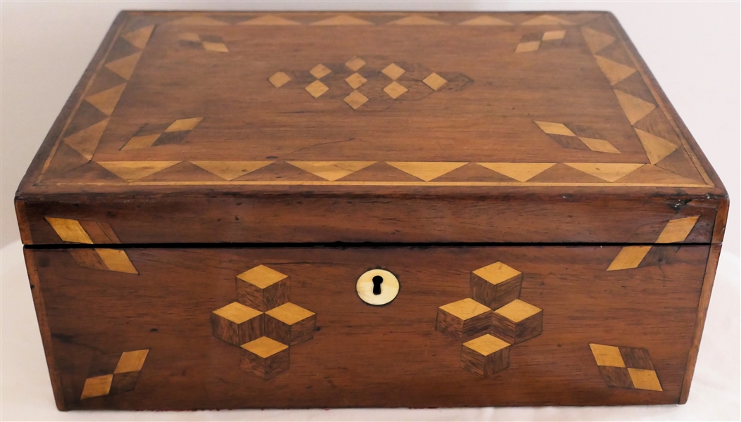 Very Nice Walnut Inlaid Box - Unusual Geometric Inlaid Design - Ivory Keyhole - Box Measures 4" Tall 10 1/2" by 8" 