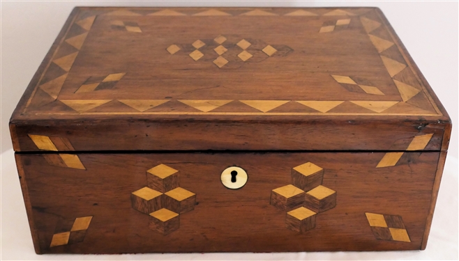 Very Nice Walnut Inlaid Box - Unusual Geometric Inlaid Design - Ivory Keyhole - Box Measures 4" Tall 10 1/2" by 8" 