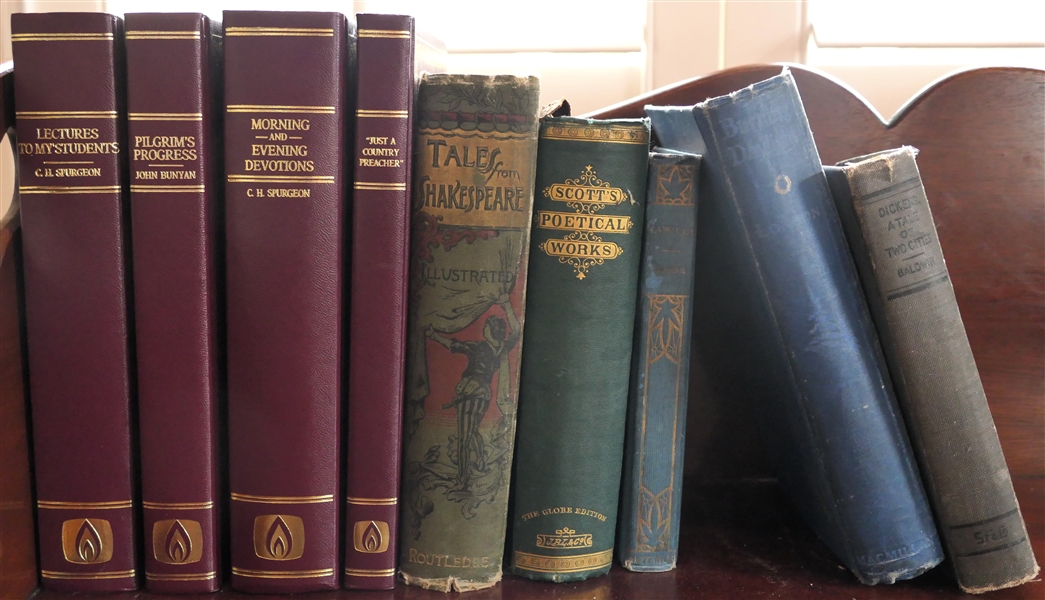 Collection of Books including 4 Leather Cover Religious Books, Dickens "A Tale of Two Cities" "Burning Daylight" By Jack London, "Scotts Poetical Works" "Camille" and "Shakespeare" Illustrated