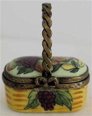 Hand Painted Limoges France Basket of Fruit Pill Box - Metal Hardware and Handle - Signed by Artist GR  - Box Measures 3/4" Tall 1 1/2" by 1" - Not Including Handle