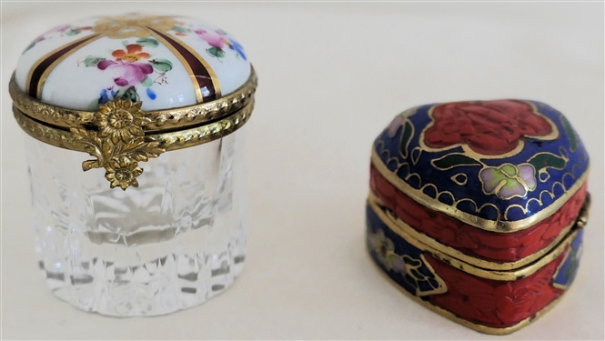 Hand Painted Limoges France Lidded Crystal Box - Hand Painted Porcelain Lid and Heart Shaped Enamel Pill Box - Limoges Box Measures 1 1/2" Tall 1 5/8" Across