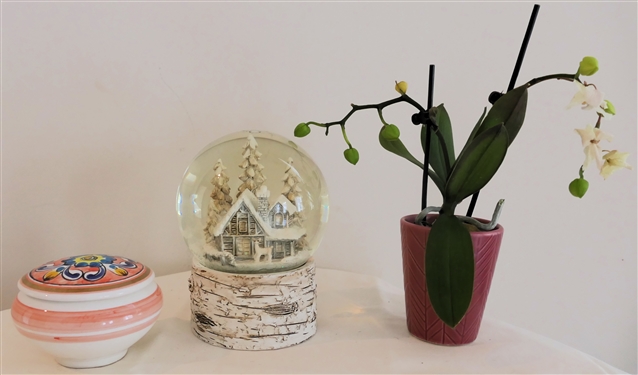 Miniature Orchid Flower, Snow Globe, and Pretty Hand Painted Ceramic Dresser Box with Lid 