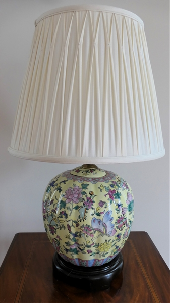 Pretty Yellow Asian Ginger Jar Style Table Lamp with Butterflies, Flowers, and Lotus Blossoms, Wood Base, Nice Pleated Shade - Lamp Measures 25" Tall 