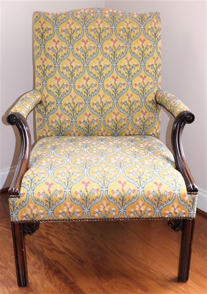 Beautiful Baker Furniture Arm Chair with Beautiful Yellow Floral Upholstery By Ruby Ansley Interiors - Carved Accents - Nail Head Trim  - Chair Measures 39 1/2" tall 29 1/2" Across