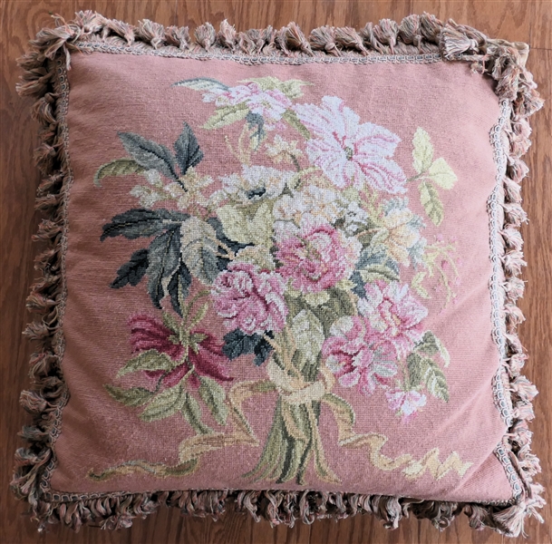 Beautiful Floral Needle Point Pillow - Velvet Back with Pretty Tassel Trim - Down Insert - Pillow Measures 21" by 21"