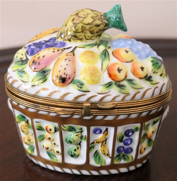 Piolet Limoges Hand Painted Dresser Box with Fruits - Box Measures 3 1/4" Tall 3 1/4" by 2" 