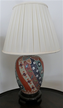 Beautiful Coral and Blue Asian Ginger Jar Style Table Lamp with Wood Base - Nice Clean Shade - Lamp Measures 18" To Bulb