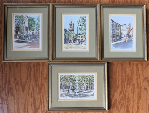 4 Nicely Framed and Matted French Fountain Prints - Each Frame Measures 9 1/4" By 8 3/4" 