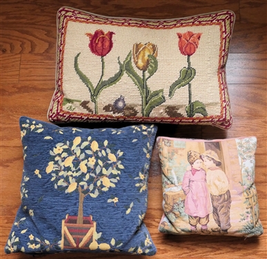 3 Nice Throw Pillows - Needlepoint Tulip Pillow, Tapestry Style Children and Lemon Tree - Lemon Pillow...