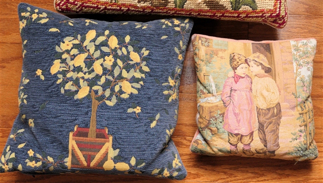 3 Nice Throw Pillows - Needlepoint Tulip Pillow, Tapestry Style Children and Lemon Tree - Lemon Pillow...