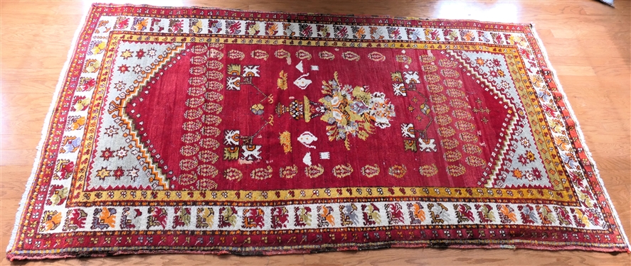 Hand Knotted Turkish Rug - Red with Orange and Blue - Rug Measures 96 by 55