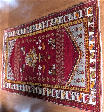 Hand Knotted Turkish Rug - Red with Orange and Blue - Rug Measures 96 by 55