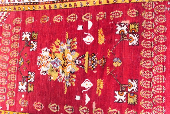 Hand Knotted Turkish Rug - Red with Orange and Blue - Rug Measures 96 by 55