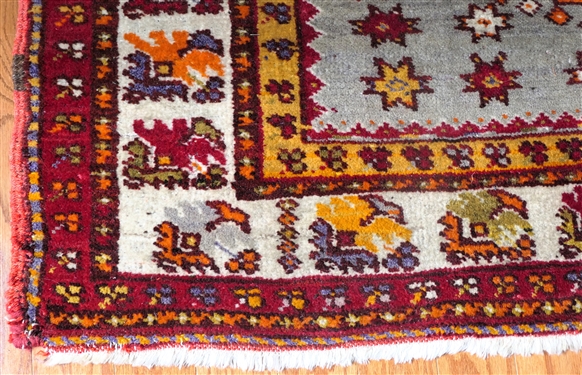Hand Knotted Turkish Rug - Red with Orange and Blue - Rug Measures 96 by 55