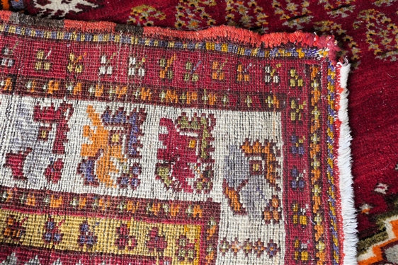 Hand Knotted Turkish Rug - Red with Orange and Blue - Rug Measures 96 by 55