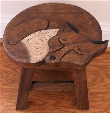 Very Cool Wood Stool With Carved Sleeping Fox - Stool Measures 9 1/2 tall 11 by 9 