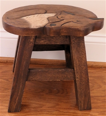 Very Cool Wood Stool With Carved Sleeping Fox - Stool Measures 9 1/2 tall 11 by 9 