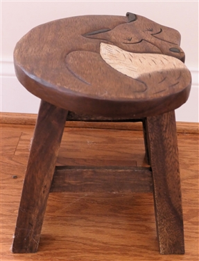 Very Cool Wood Stool With Carved Sleeping Fox - Stool Measures 9 1/2 tall 11 by 9 