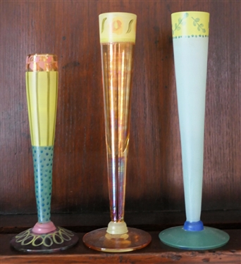 3 Fiasco Hand Painted Glass Bud Vases - Graduating Sizes - Tallest Measures 7 1/4 Tall 