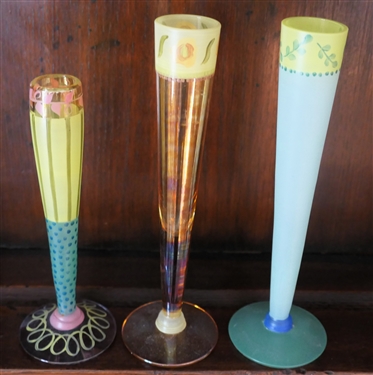 3 Fiasco Hand Painted Glass Bud Vases - Graduating Sizes - Tallest Measures 7 1/4 Tall 