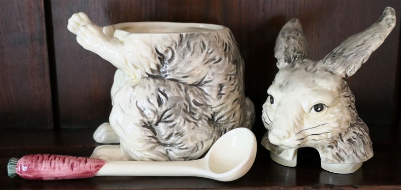 Group of Rabbit Figures - 3 Small Celebrations by Silvestri and 1982 Ceramic Rabbit Jar with Carrot Spoon - From Ruby Ansley Interiors - Jar Measures 7 1/4 Tall 