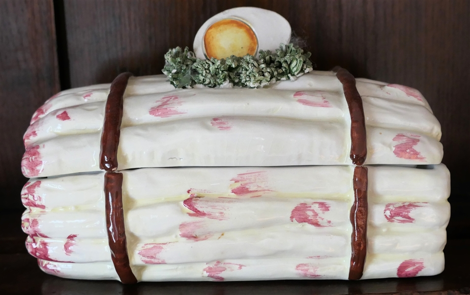 Italian Ceramic Asparagus Lidded Box with Egg Finial - Marked Made in Italy 8438 - Box with Lift Off Lid Measures 4" tall 7 1/2" by 3 1/2" 