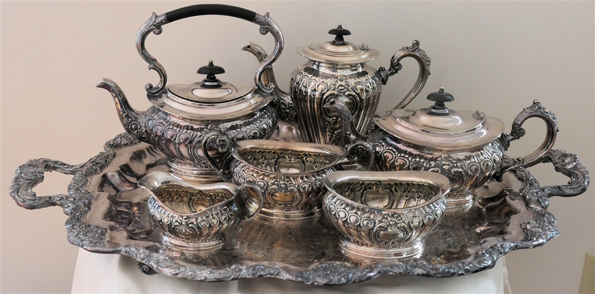 Beautiful Cheltenham and Company Sheffield England Silver Plate Tea Service - 6 Pieces, Warming Stand, and Under Tray - Not Monogrammed -Number 02019-  Tray Measures 29" Handle to Handle 